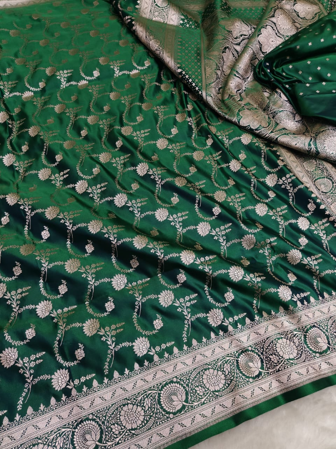 Emrald Green Satin Silk Saree with a touch